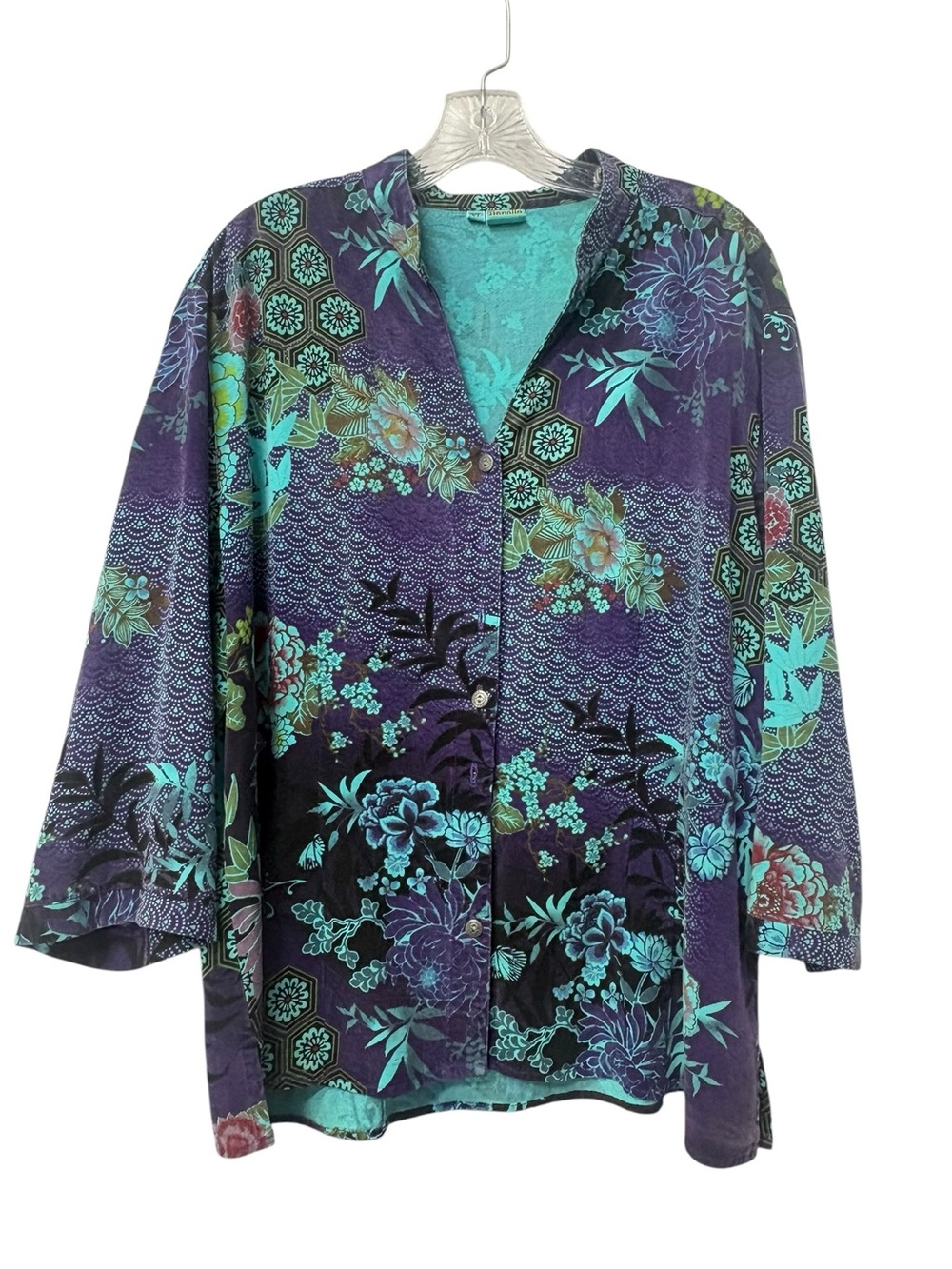 Tianello Dynasty Purple Teal Blouse Top XL Made in USA tencel